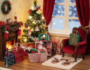 This Christmas Wrapping Paper &amp; Gift Bag Set includes 6 festive wrapping paper designs and 4 coordinating gift bags, perfect for decorating miniature Christmas scenes,