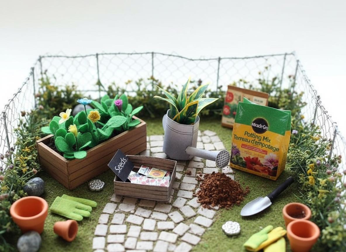 Garden backyard for dollhouse 1:6 scale printable, water pot, seeds, soil and tool, summer,