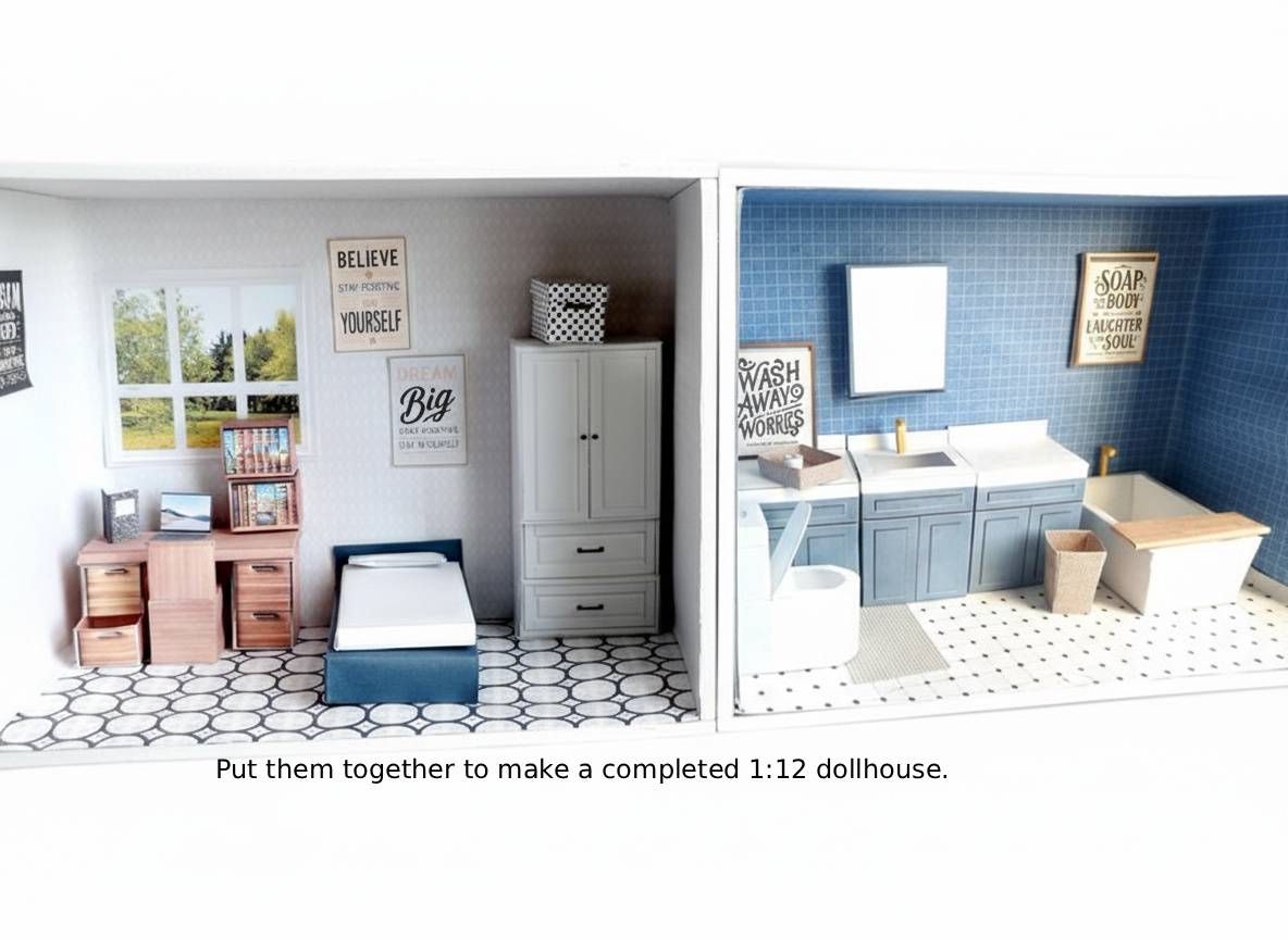 -BMM Shoebox Miniature- 1:12 / 4 inch doll, Bedroom scenes 10 in 1, Sink, Tub, Toilet, mirror,Printable Dollhouse furniture, DIY, recycle project, diorama