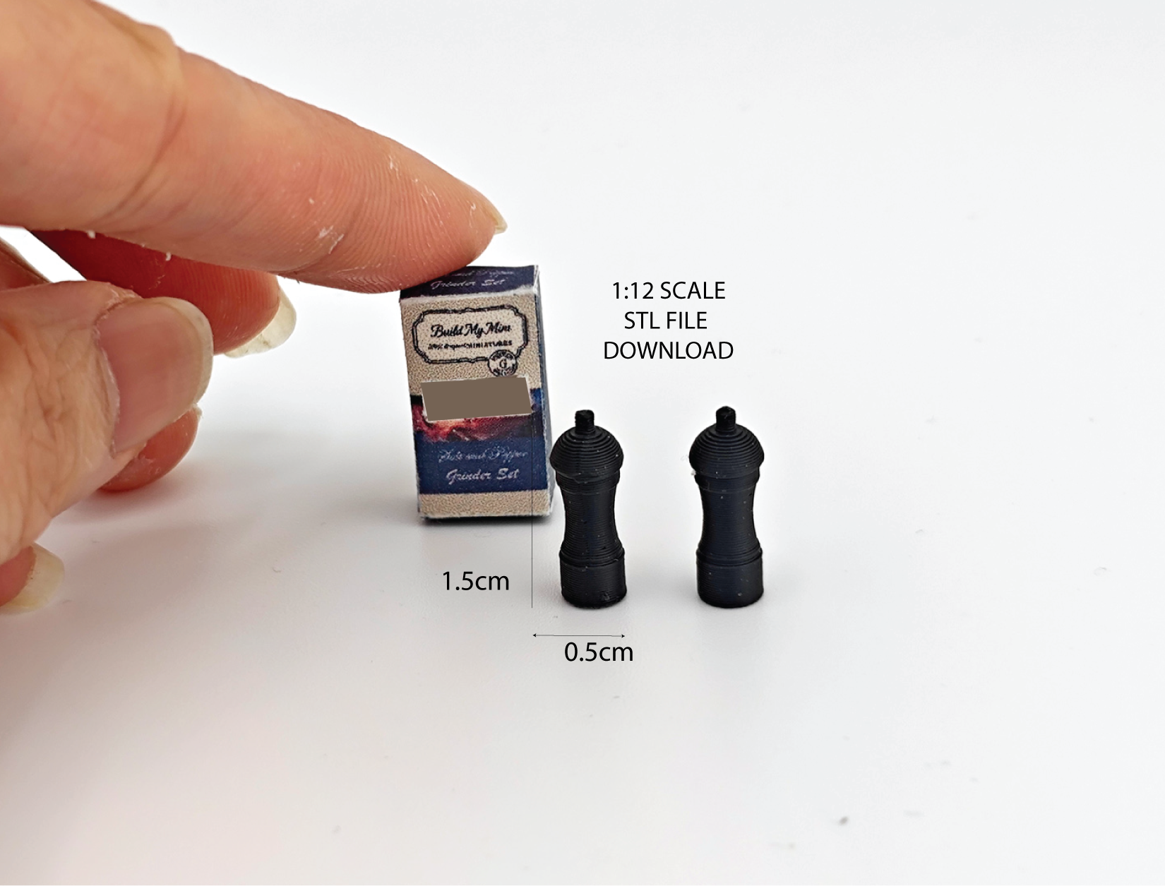 1:12 Salt & Pepper Grinder Set — STL File for Dollhouse Kitchen with Storage Box