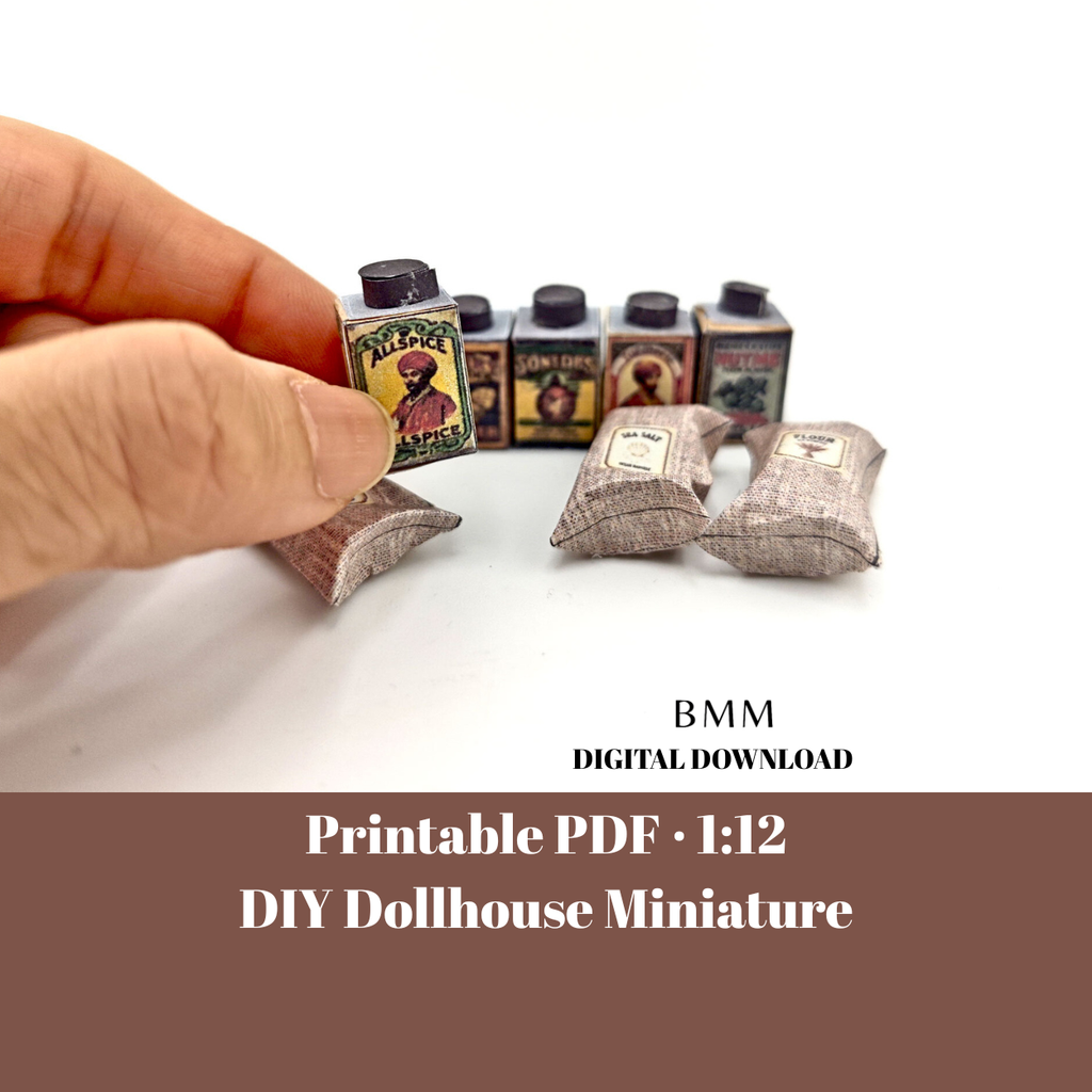 1:12 Vintage Spice Set — 6 Mini Spice Containers with Salt & Flour Bags for Dollhouse Kitchens (Printable Miniatures)