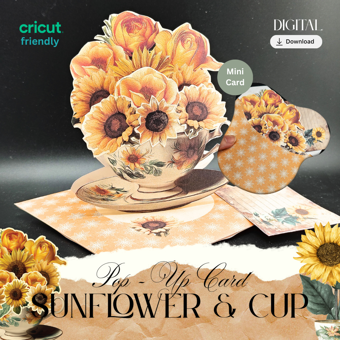 Sunflower Teacup Pop-Up Card – Printable Gift, DIY Decoration (Digital Download)