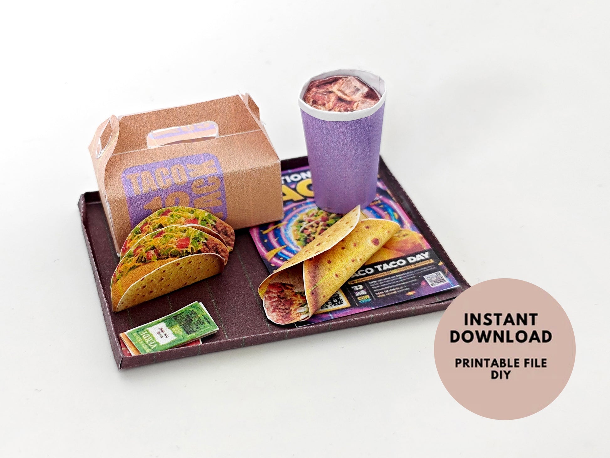 A 1:12 scale printable dollhouse fast food set featuring a taco wrap and soda, crafted as DIY templates for miniature dining scenes or yearly ornaments, ideal for detailed diorama customization.