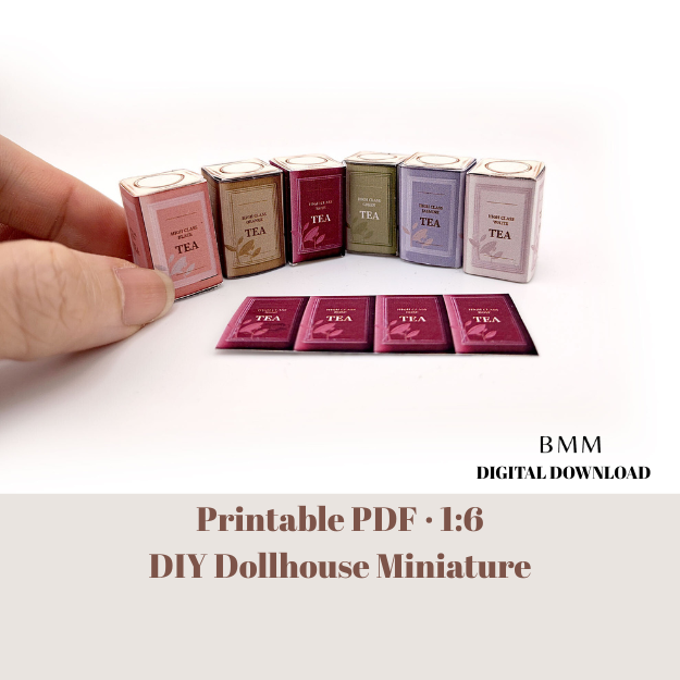1:6 Tea Tin Can Set — Printable Dollhouse Tea Boxes & Tea Bags (DIY Miniature PDF, Instant Download)