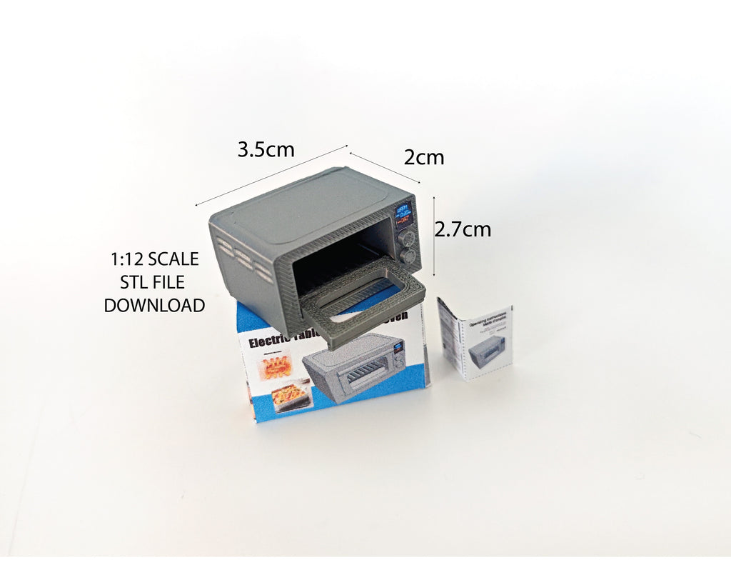 A 1:12 scale 3D-printed dollhouse kitchen setup featuring a toaster oven, mini cookware, and a pot, accompanied by a printable box and manual, arranged to create a detailed miniature cooking scene for diorama or dollhouse enthusiasts.