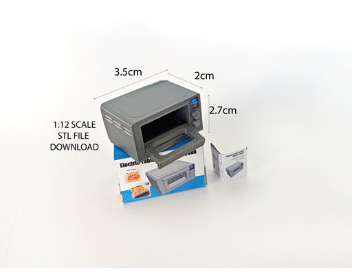 A 1:12 scale 3D-printed dollhouse kitchen setup featuring a toaster oven, mini cookware, and a pot, accompanied by a printable box and manual, arranged to create a detailed miniature cooking scene for diorama or dollhouse enthusiasts.