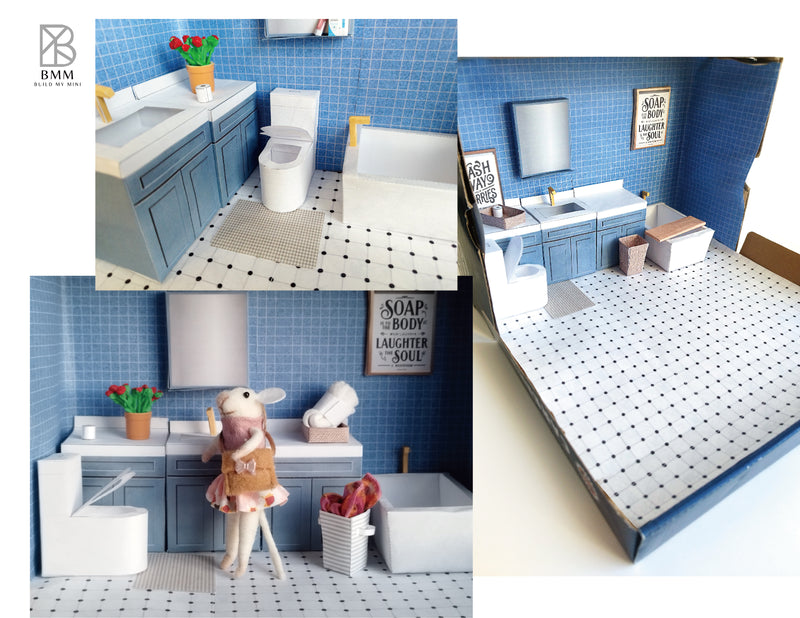 BMM Shoebox Miniature, 1:12/ 4-5 inch doll , Bathroom scenes 10 in 1, Sink, Tub, Toilet, mirror,Printable Dollhouse furniture, DIY, recycle project, diorama