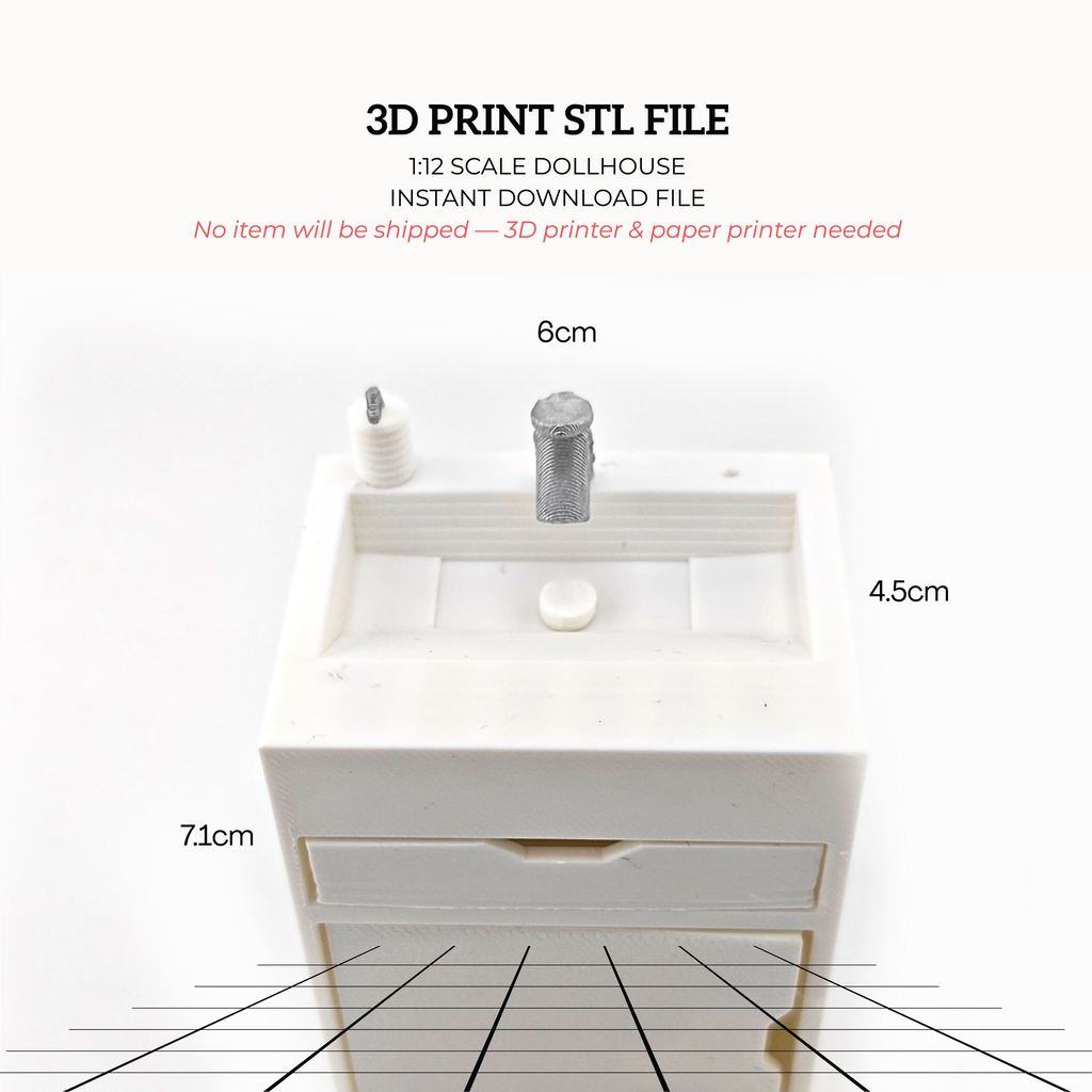 1:12 Toilet Sink STL File | Dollhouse Bathroom, Washroom & Restroom Miniature Diorama