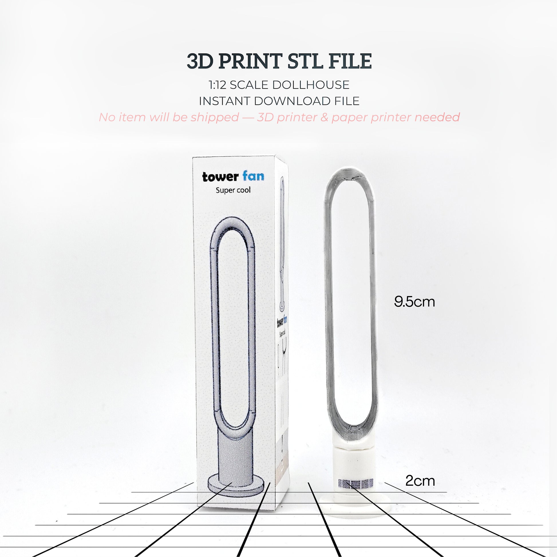 1:12 scale tower fan STL file with box & printable details , DIY 3D print dollhouse appliance for modern furniture miniature diorama scene