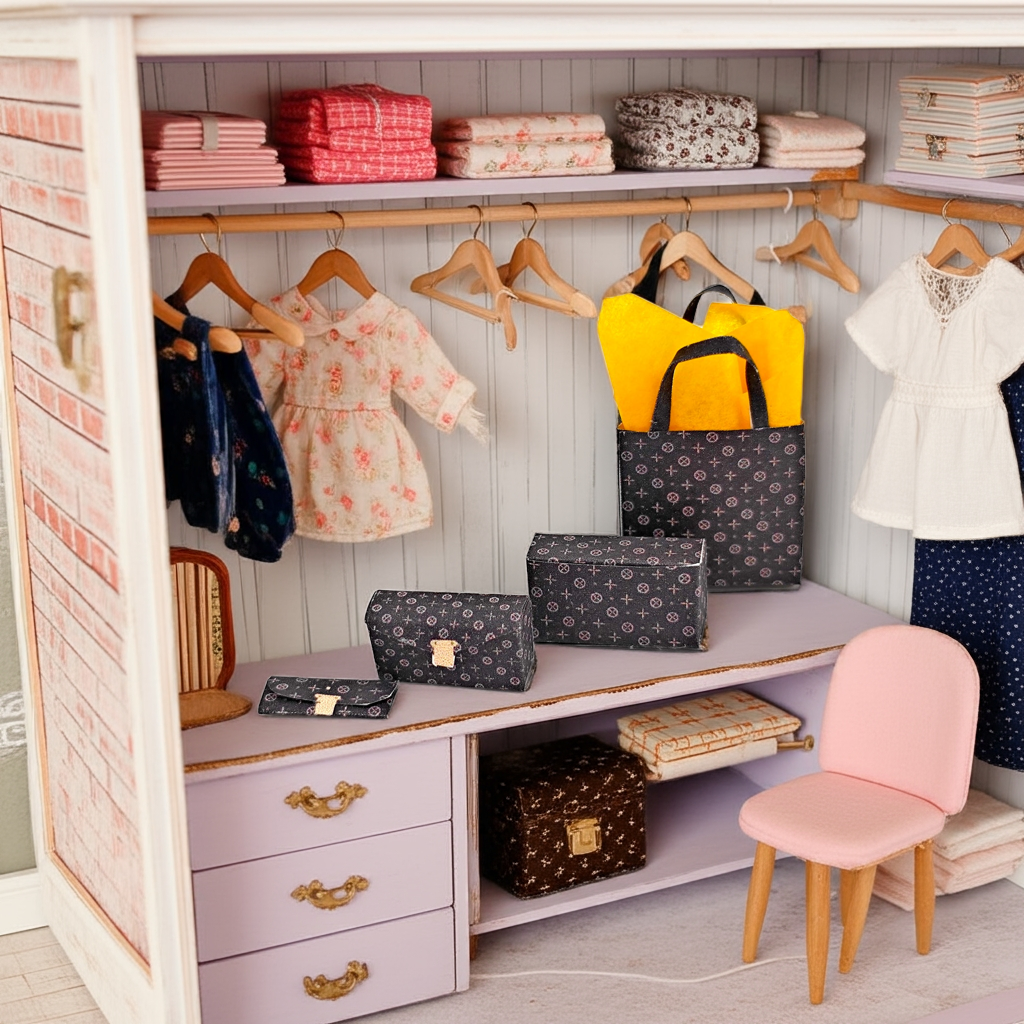 1:12 Luxury brands bags, purse and boxes for dollhouse and department store, 5 items miniatures, luxury house decorations