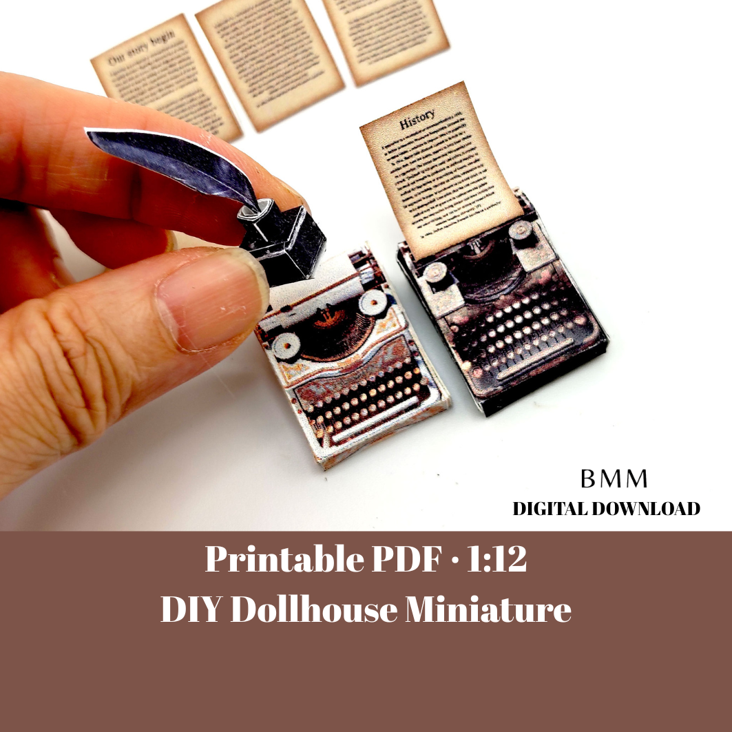 1:12 Vintage 1935 Typewriter Miniature — Black & Gold Dollhouse Desk Accessory with Feather Ink and Old Papers
