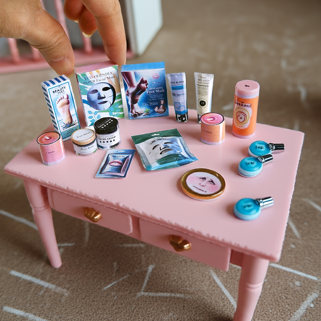 11 items Skincare miniatures for dollhouse 1:6 miniature play, facial masks, lip mask, foot mask, hand cream, sunblock and candles