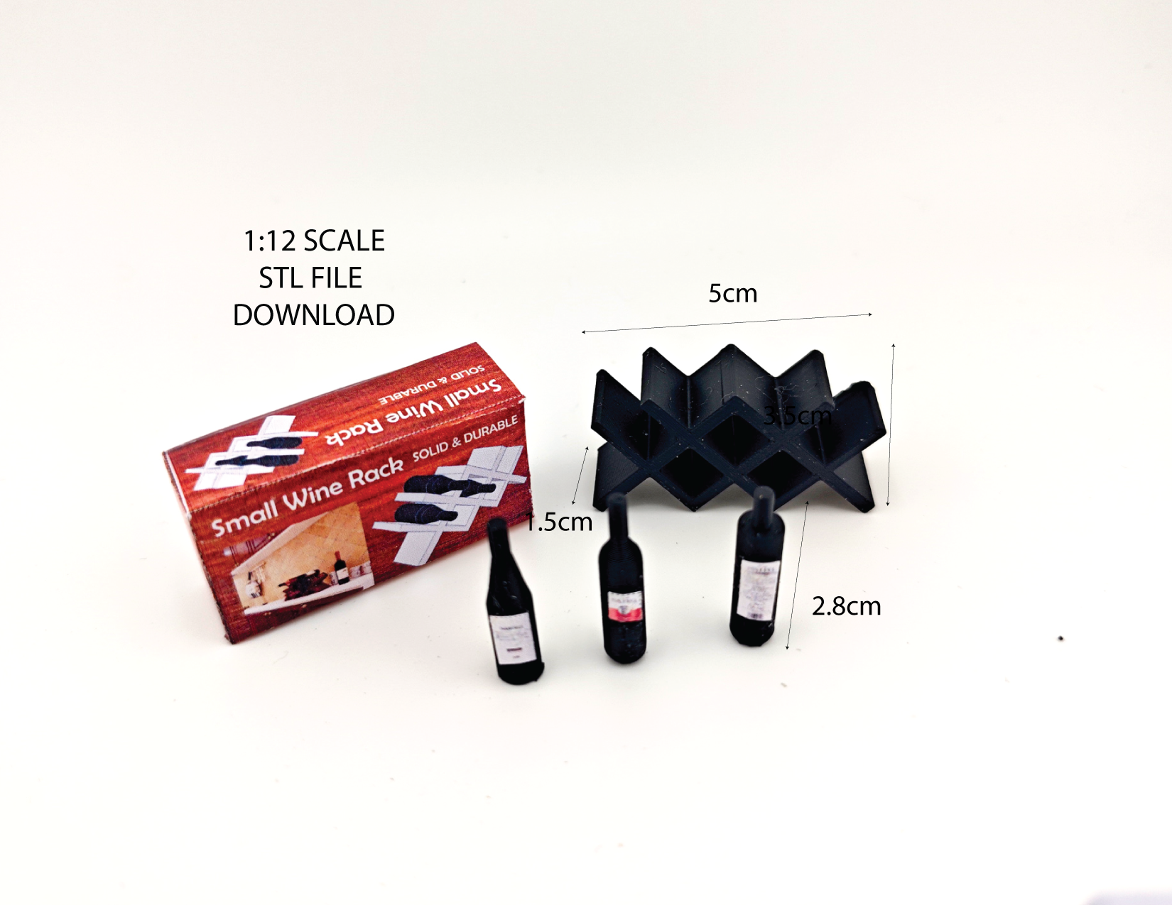 Wine rack holder, Countertop Display Racks for mini kitchen, bar and decoration. STL file for 1:12 dollhouse accessories, sticker included