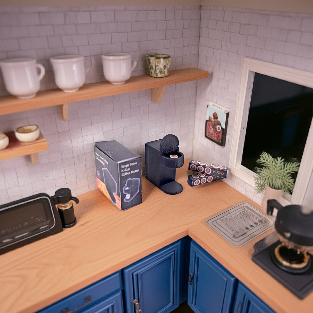 1:12 openable coffee maker and k cup capsule plus box, miniatures, kitchen applicants, mini cooking, real cook, 3D printing STL