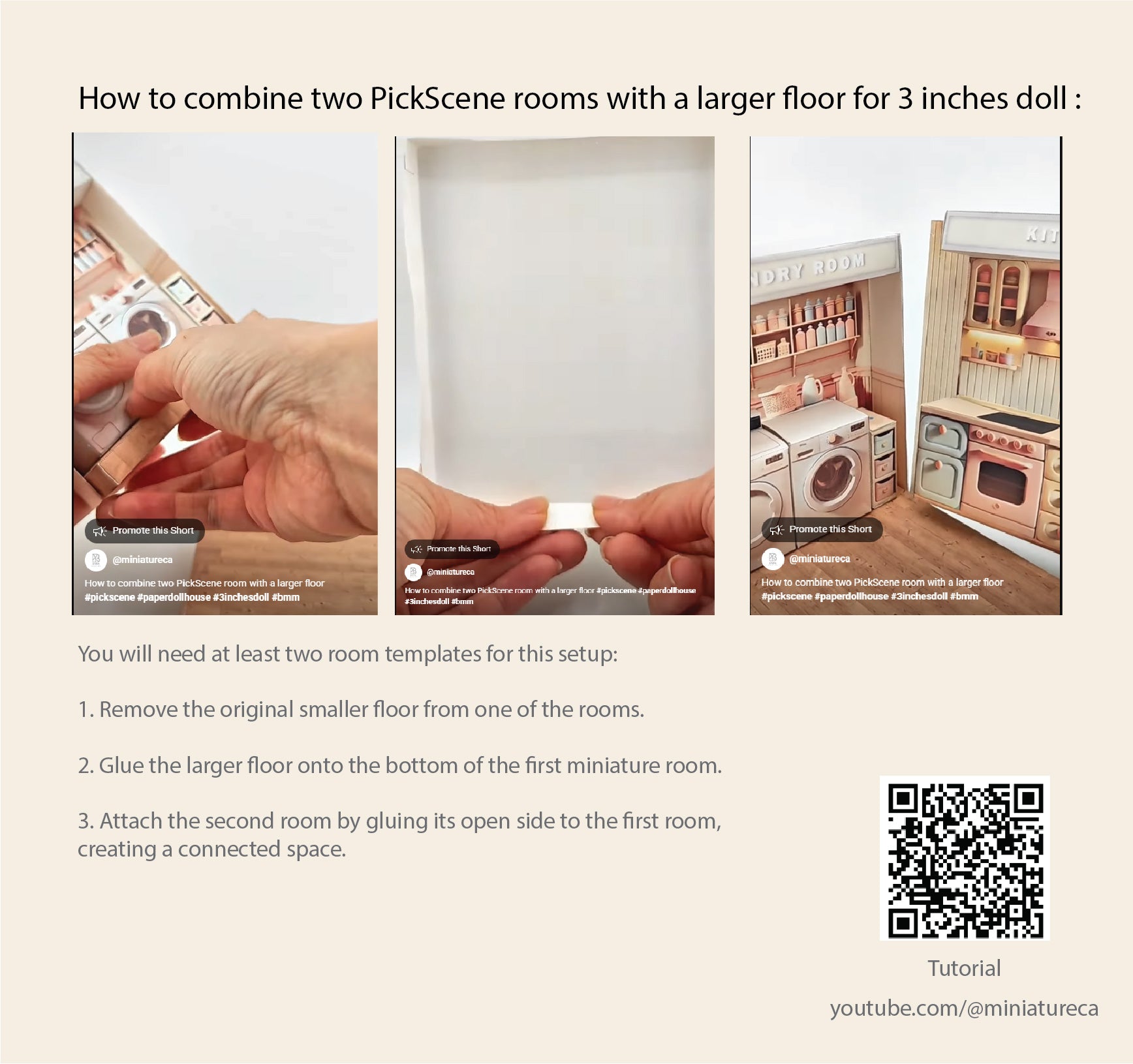 Wooden floor - Combine two PickScene Paper Doll Rooms for 3 inches doll, miniature kit, pickscene paper room and apartment