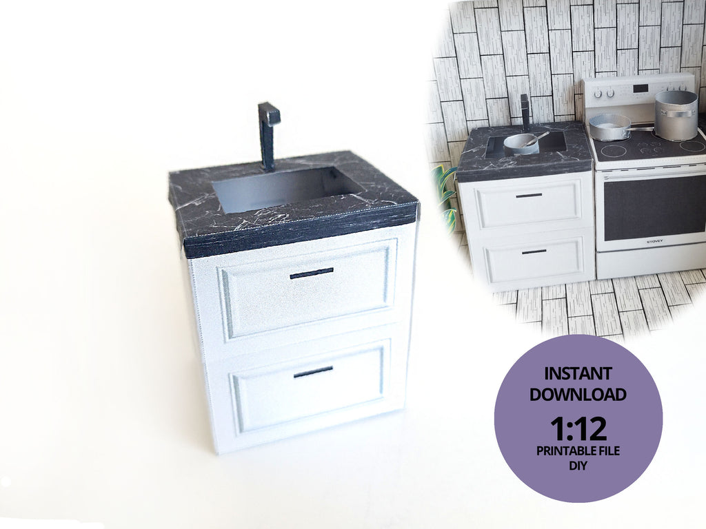 A digital printable template for a 1:12 scale dollhouse mini kitchen sink, designed for BMM system dollhouse setups. The template features a detailed, modern kitchen sink with a sleek faucet, ready to be printed on regular paper, cut, and assembled for a miniature kitchen scene.

